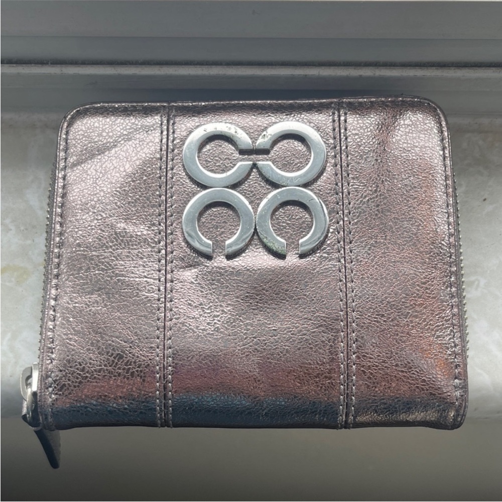 Coach Pewter Metallic Leather Zip Around Compact Wallet
